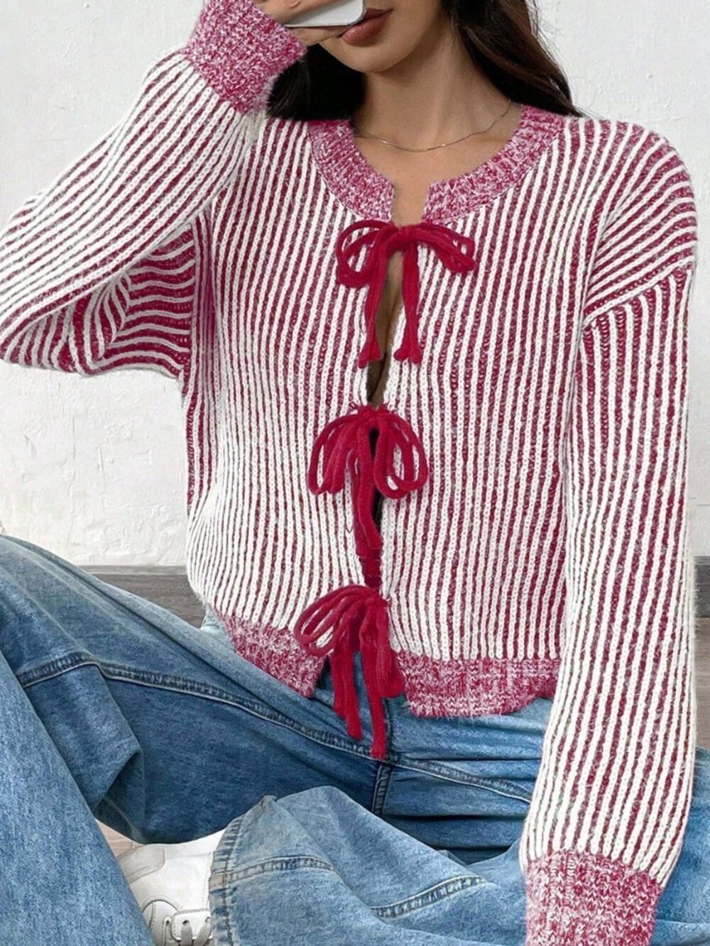 Women's Casual Striped Lace-Up Raglan Cardigan